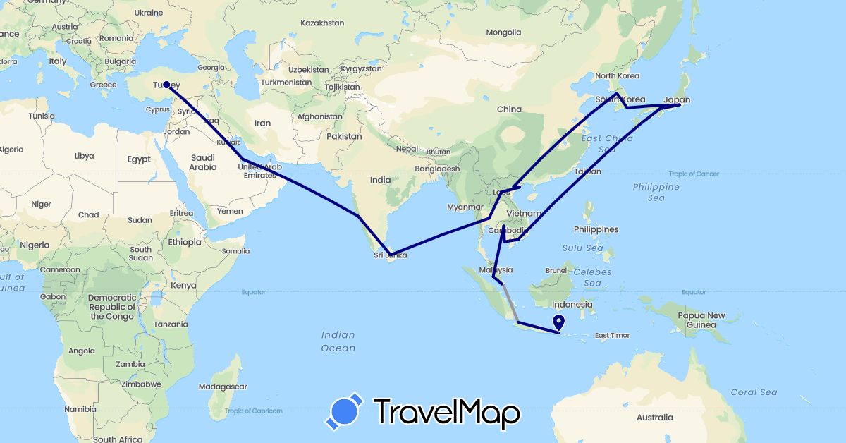 TravelMap itinerary: driving, plane in Bahrain, Indonesia, India, Japan, Cambodia, South Korea, Laos, Sri Lanka, Malaysia, Singapore, Thailand, Turkey, Taiwan, Vietnam (Asia)